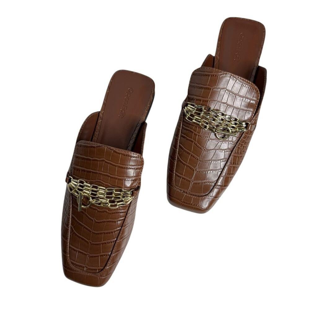 Open Edit Nash Faux Leather Mules Loafers‎ In Brown Croco Print Women’s Size 8M